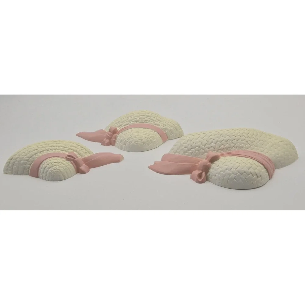 Burwood 1998 USA Wall Plaques Set 3 Pink Ribbon Straw‎ Hat Shabby Chic Decor